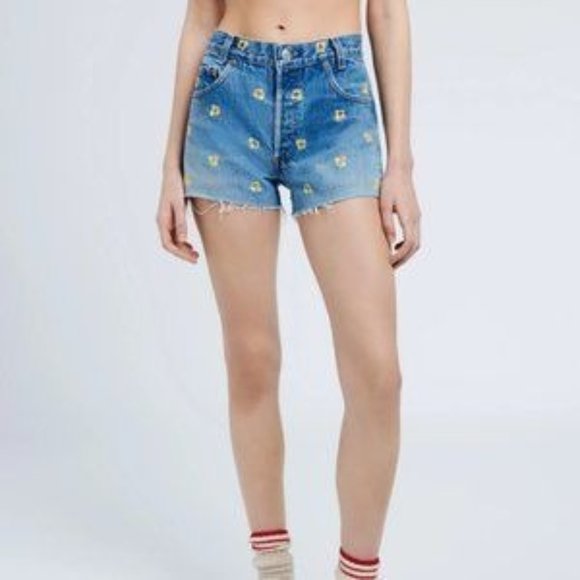 $265 RE/DONE x LEVI'S HIGH RISE THE SHORT FLORAL INDIGO SZ 25